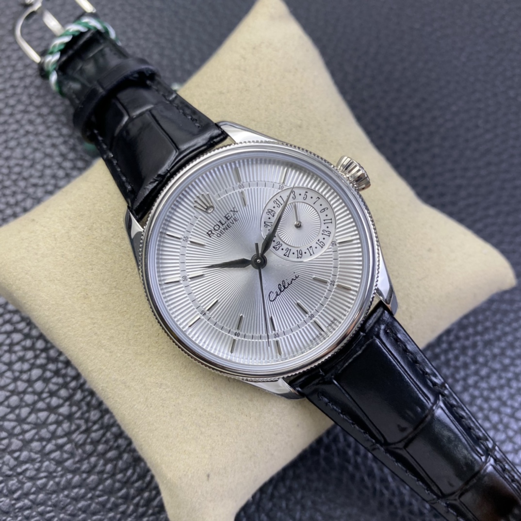 【Super Clone】Rolex Cellini Date 50519 Black Leather Silver Dial 39mm Mens Replica Watch