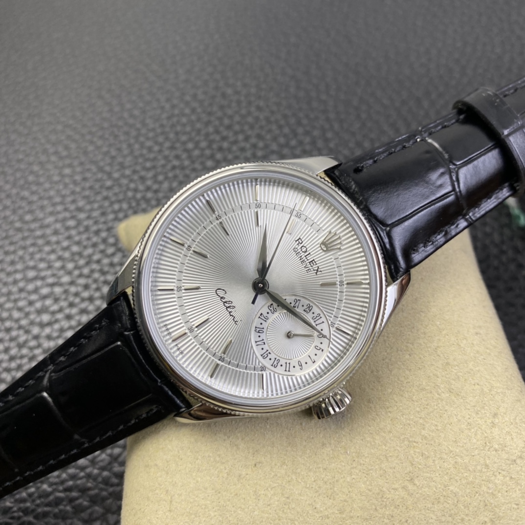 【Super Clone】Rolex Cellini Date 50519 Black Leather Silver Dial 39mm Mens Replica Watch
