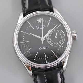 【Super Clone】Rolex Cellini Date 50519 Black Leather Black Dial 39mm Mens Replica Watch