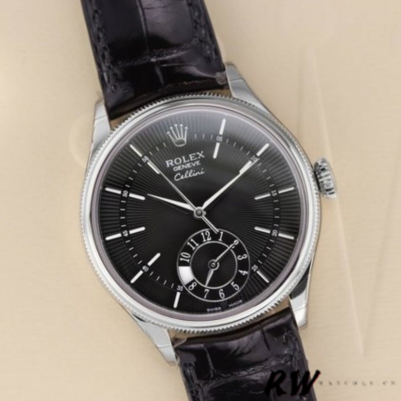 【Super Clone】Rolex Cellini Dual Time 50529 Black Dial Brown Leather Strap 39mm Mens Replica Watch