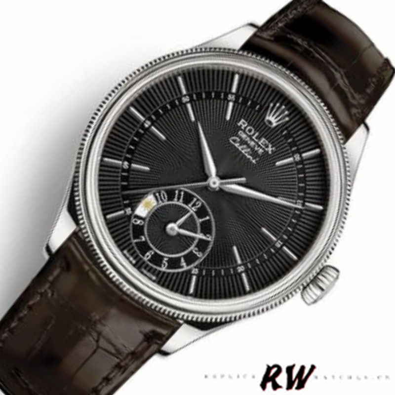 【Super Clone】Rolex Cellini Dual Time 50529 Black Dial Brown Leather Strap 39mm Mens Replica Watch