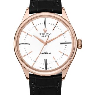 【Super Clone】Rolex Cellini Time 50505 Black Leather Strap White Dial 39mm Mens Replica Watch