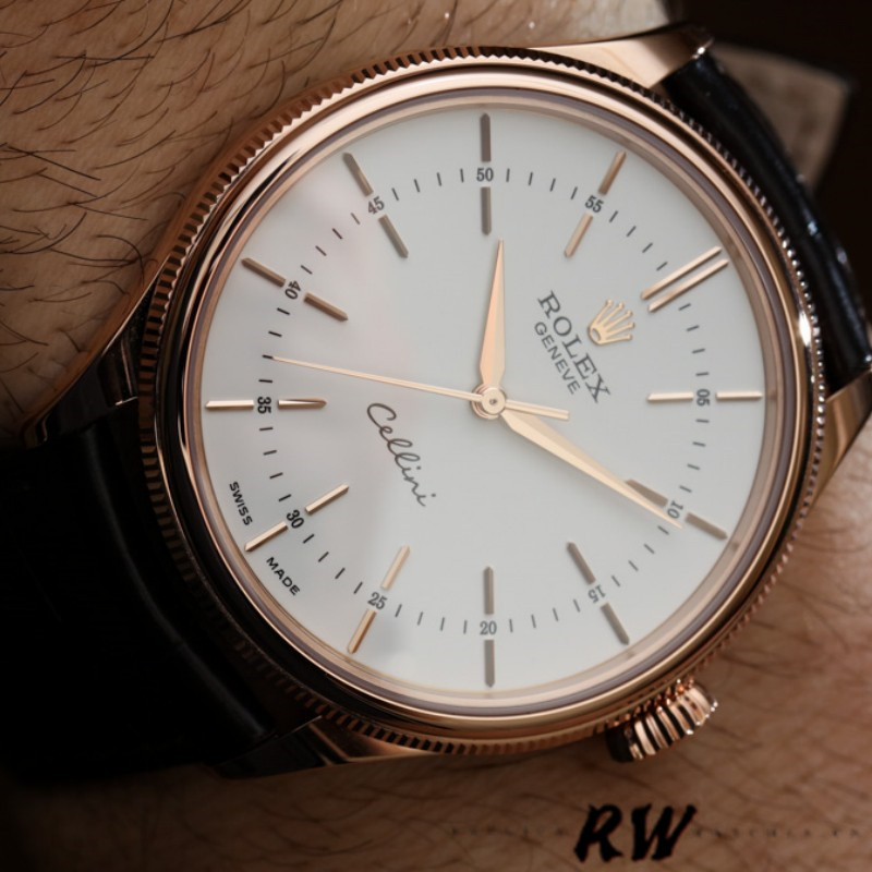 【Super Clone】Rolex Cellini Time 50505 Black Leather Strap White Dial 39mm Mens Replica Watch