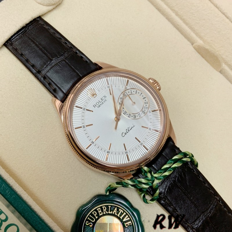 【Super Clone】Rolex Cellini Date 50515 Rose Gold Silver Guilloche Index Dial 39mm Mens Replica Watch