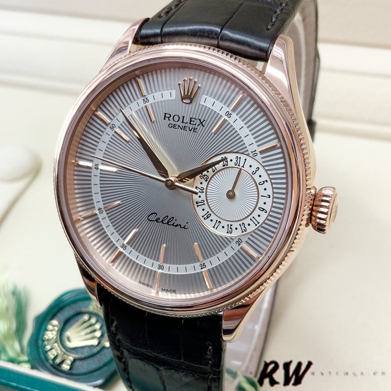 【Super Clone】Rolex Cellini Date 50515 Rose Gold Silver Guilloche Index Dial 39mm Mens Replica Watch