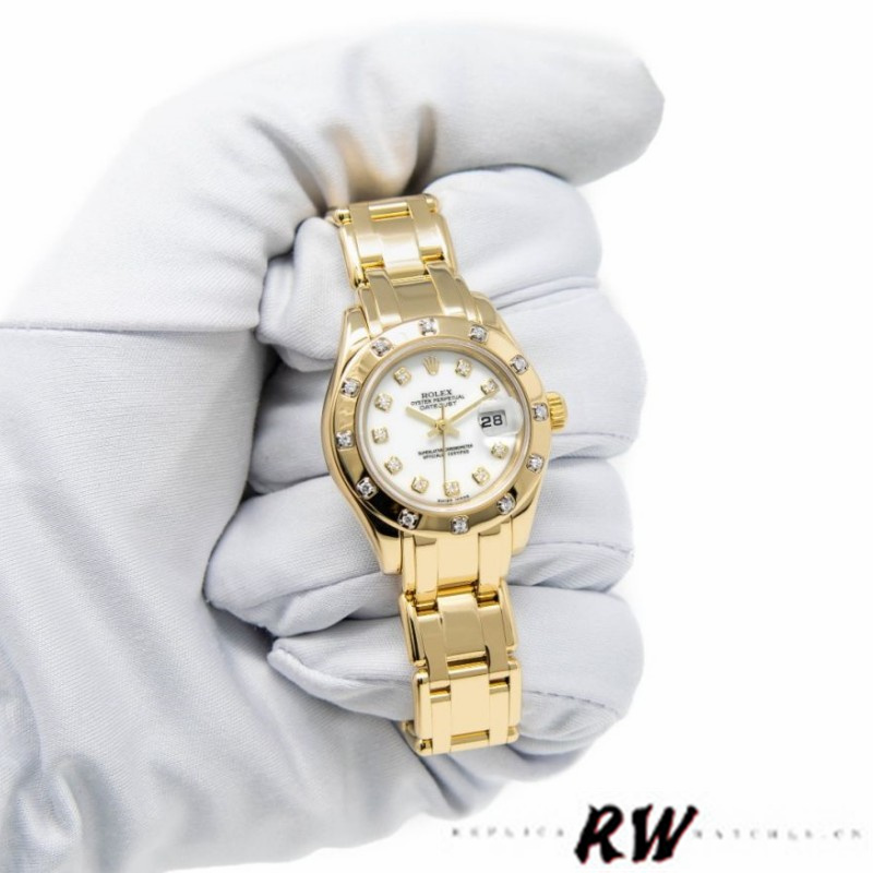 【Super Clone】Rolex Pearlmaster 80318 Yellow Gold White Dial 29MM Lady Replica Watch