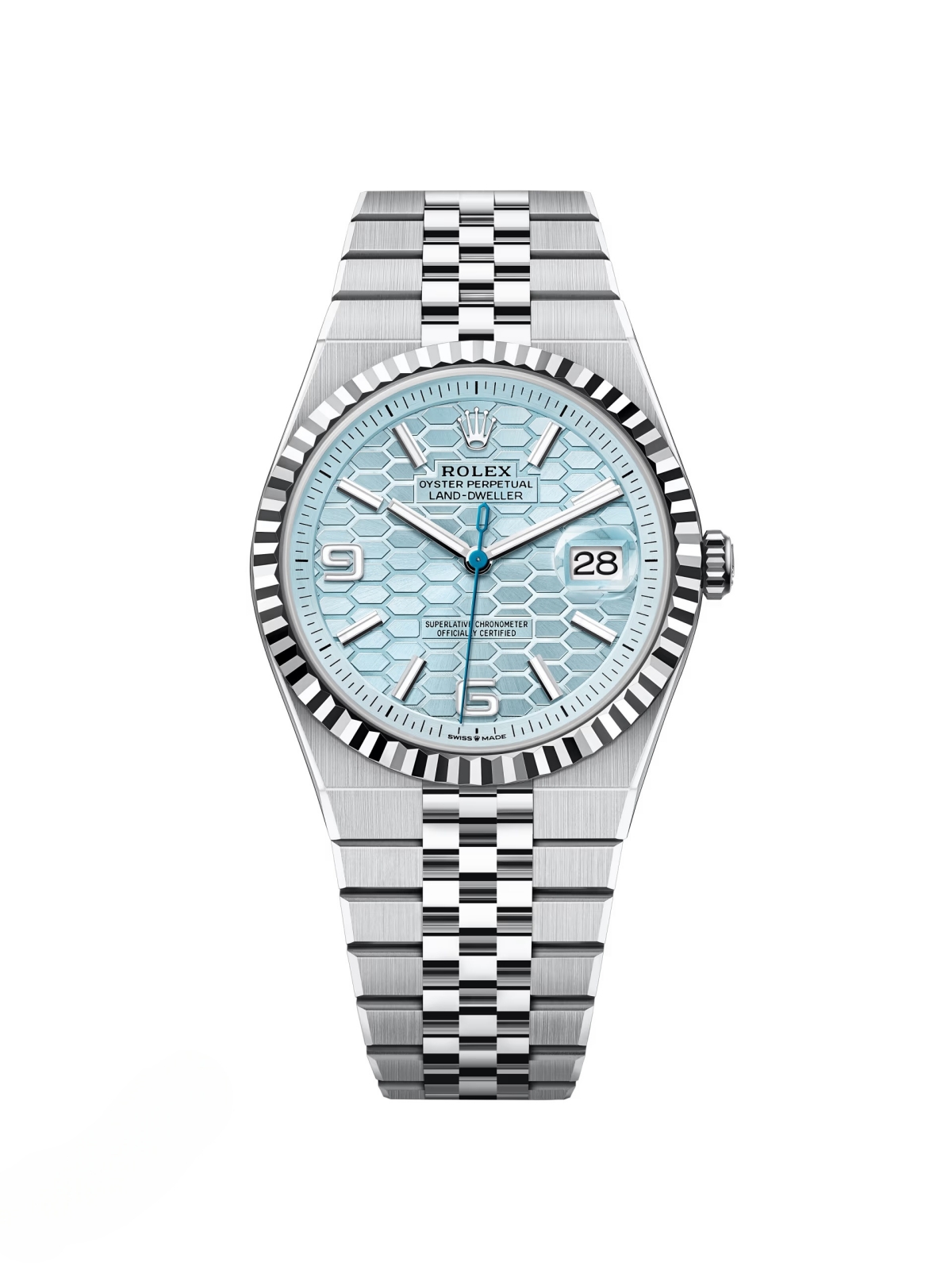 【Super Clone】RLX Land-Dweller 127336-0001 Blue Honeycomb Dial Platinum Jubilee Bracelet 40mm