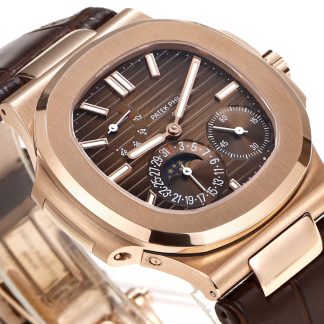【Super Clone】Patek Philippe Nautilus Moon Phases Rose & White Gold Slate Brown Dial 5712GR 001