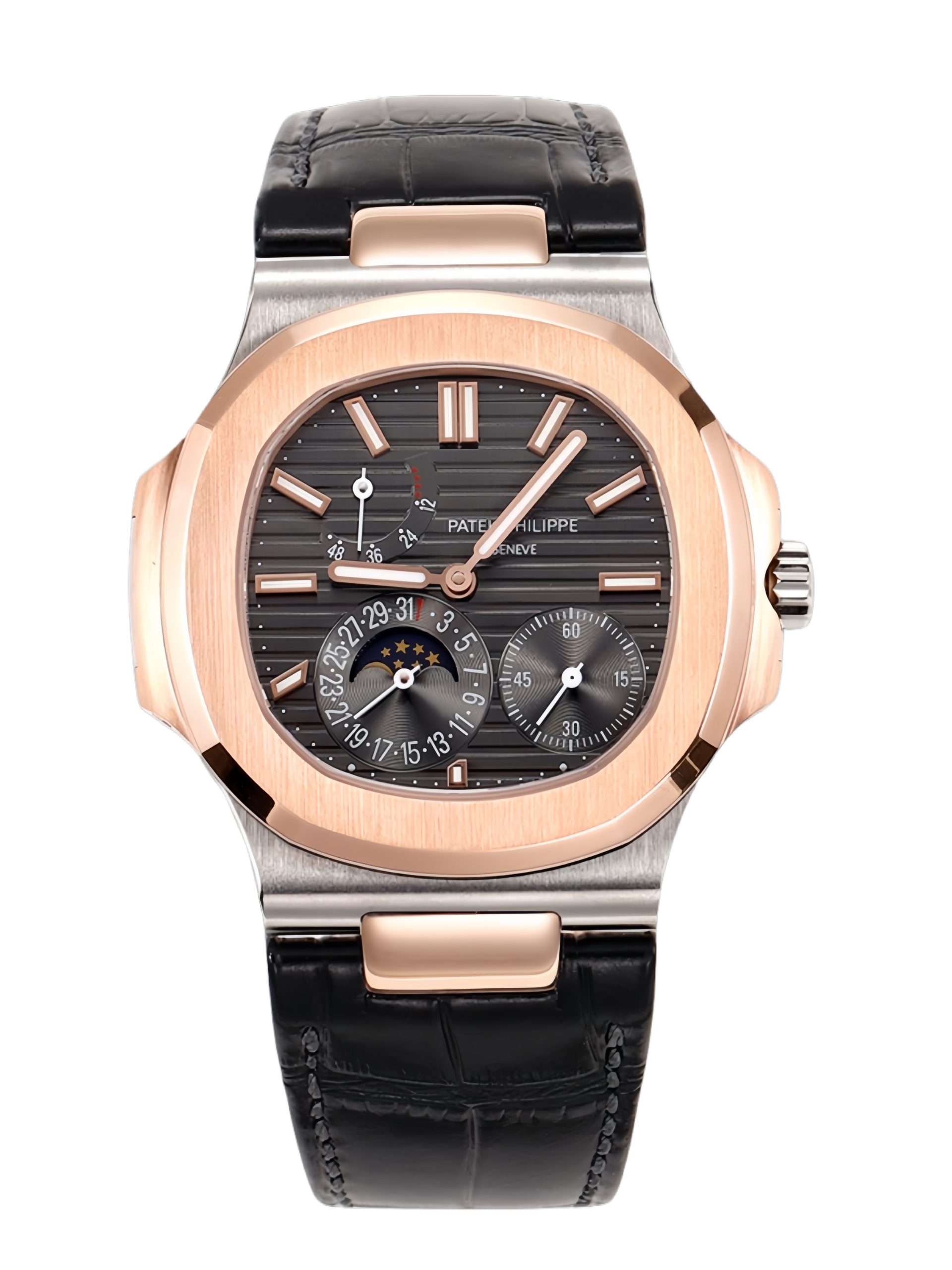 【Super Clone】Patek Philippe Nautilus Moon Phases Rose & White Gold Slate Grey Dial 5712GR 001
