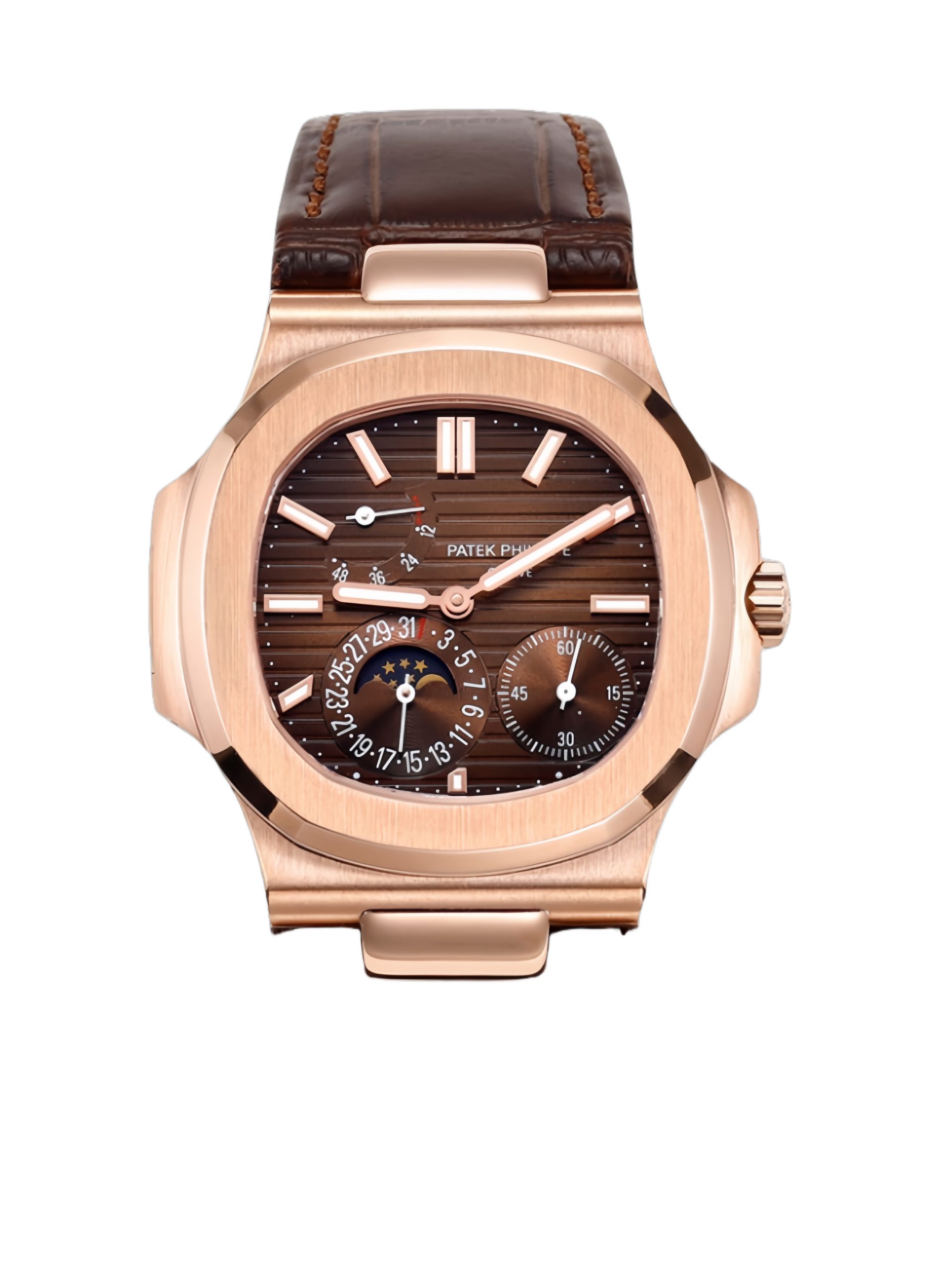 【Super Clone】Patek Philippe Nautilus Moon Phases Rose & White Gold Slate Brown Dial 5712GR 001