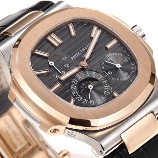 【Super Clone】Patek Philippe Nautilus Moon Phases Rose & White Gold Slate Grey Dial 5712GR 001